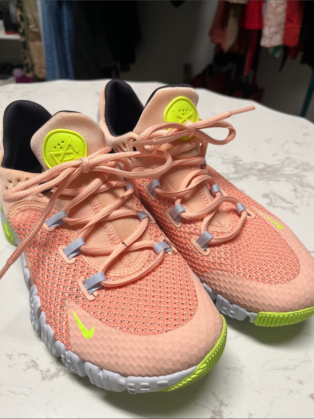 Nike Women's Peach Knit Sneakers with Neon Yellow Accents